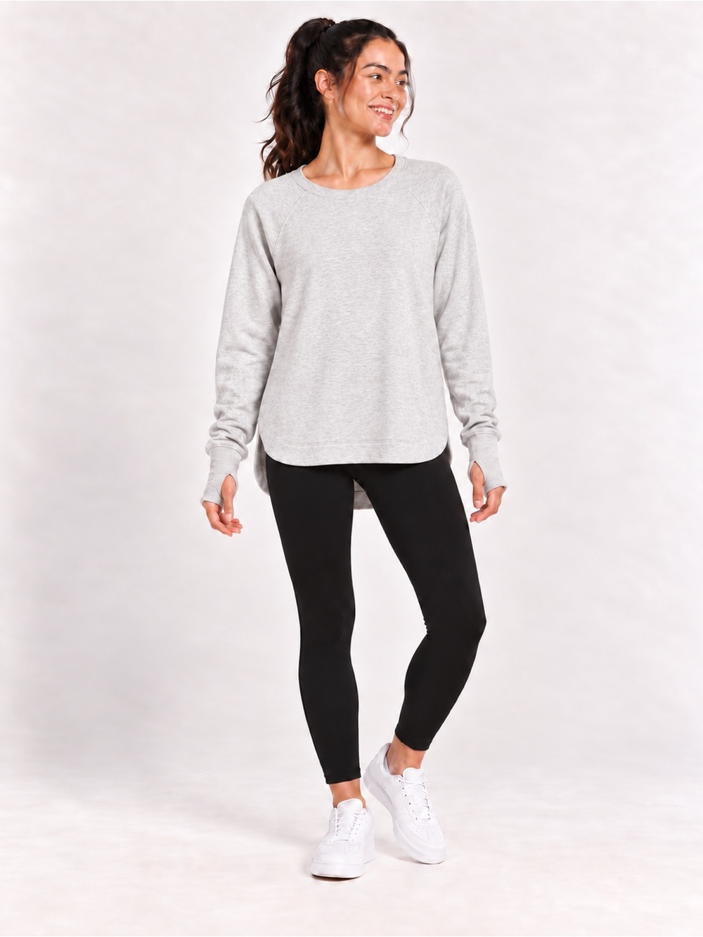 Athleta Gray High Low Pullover Sweatshirt Thumbholes Pockets Size Small